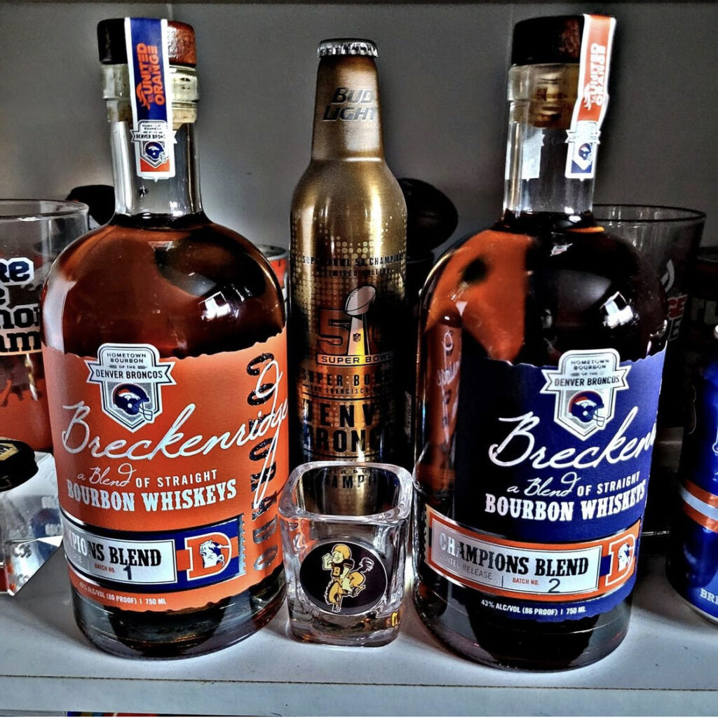 @mdopheide7 denver broncos blends breckenridge bourbon whiskey bottles and shot glass
